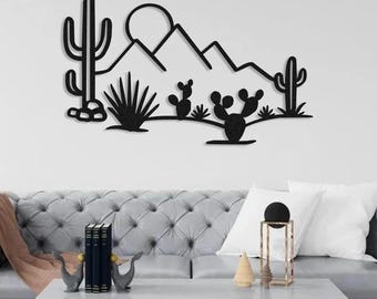 Arte mural de metal con cactus: paisaje rústico de montaña desértica