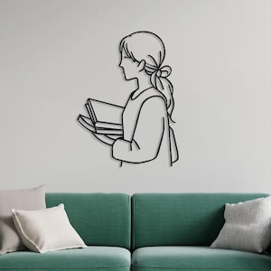 Minimalist Metal Line Art: Girl in Library, Geometric Wall Decor