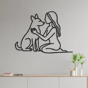 Woman and Dog Metal Line Art: Modern Wire Wall Decor