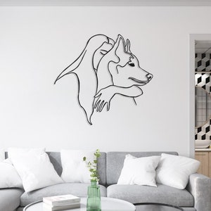 Dog and Woman Metal Wall Art: Minimalist Line Drawing, Modern Home Decor