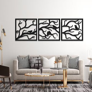 Metal Tree Wall Art: Birds on Branch 3-Panel Decor