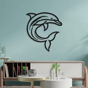 Dolfijn metalen wanddecor, minimalistische dolfijn kunst aan de muur, zeedieren, vis muur decor, vis muur decor, housewarming cadeau, dolfijn sculptuur