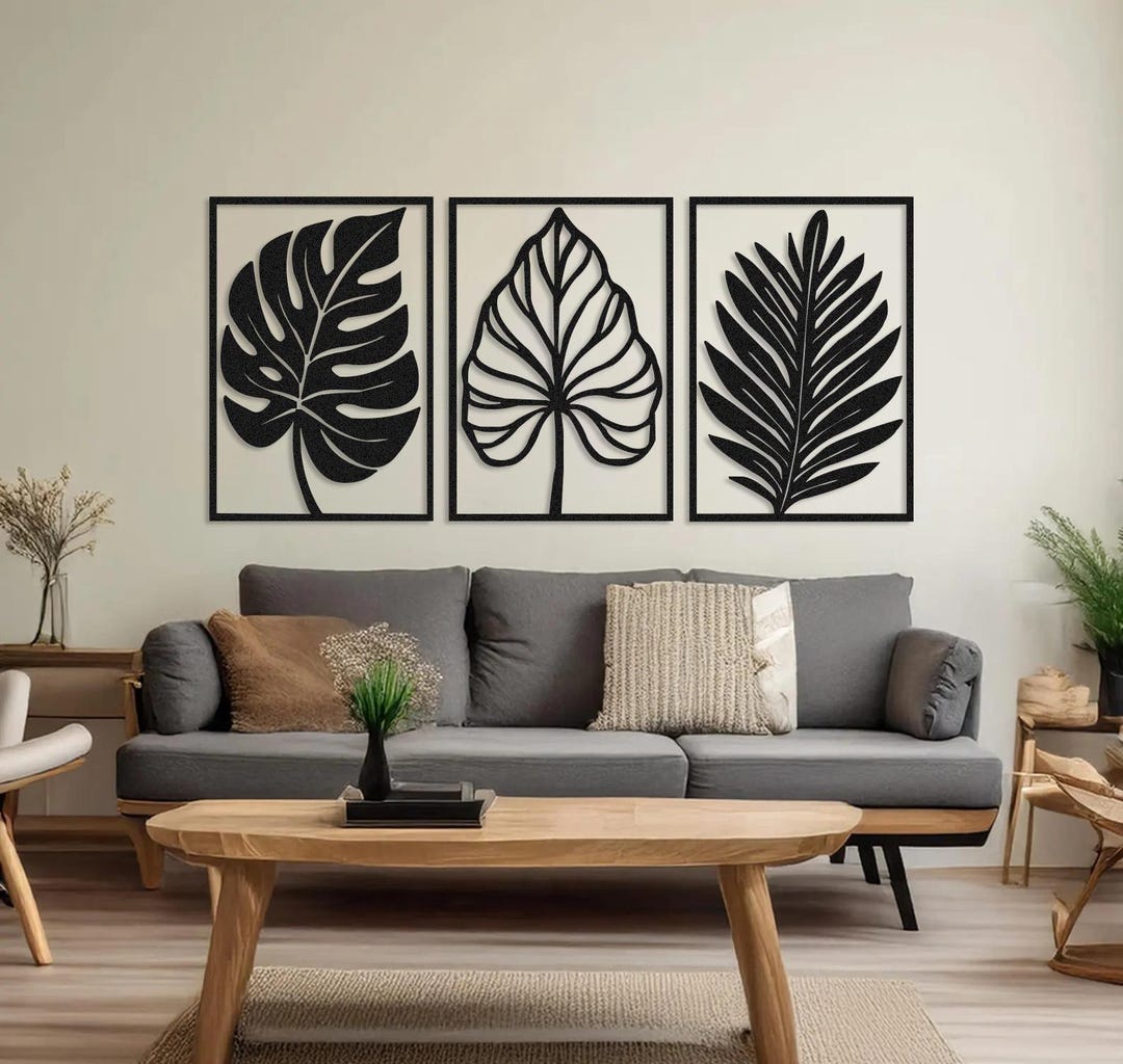 Set of 3 Tropical Leaf Metal Wall Art, Palm Leaves Botanical Wall Decor ...