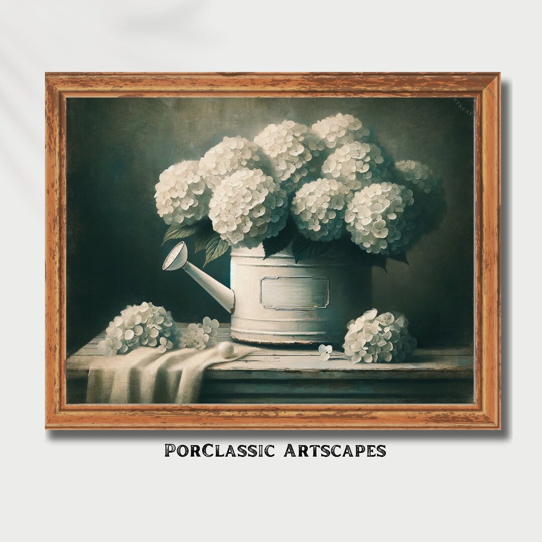 Vintage White Hydrangea Digital Oil Painting, Moody Floral Wall Art ...