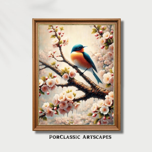 Vintage Bird & Cherry Blossom Digital Art , After Rain Blooming Tree Scene Wall Décor , Art Nature l P013