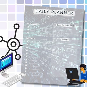 Könnte beinhalten: Ein Tagesplaner mit digitalem Design. Der Planer hat Bereiche für Top-Prioritäten, To-Do-Liste, Wochentag und Notizen.