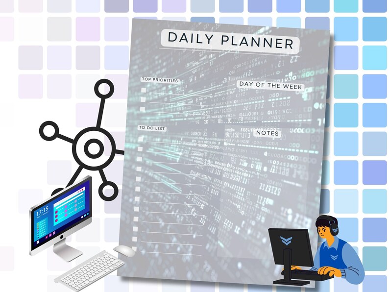 May include: A daily planner with a digital design. The planner has sections for top priorities, to do list, day of the week, and notes.