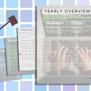 May include: A yearly overview planner with a grey background and a laptop keyboard in the centre. The planner is divided into 12 months, with each month having a separate section. The laptop keyboard is visible in the centre of the planner, with hands typing on the keys. The planner is a useful tool for organising and planning your year.
