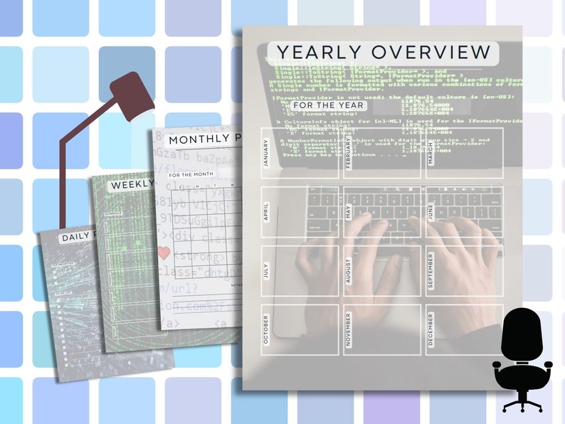 May include: A yearly overview planner with a grey background and a laptop keyboard in the centre. The planner is divided into 12 months, with each month having a separate section. The laptop keyboard is visible in the centre of the planner, with hands typing on the keys. The planner is a useful tool for organising and planning your year.