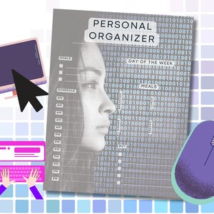 May include: A grey and white personal organiser with a digital pattern. The organiser has sections for goals, schedule, day of the week, and meals. The organiser is on a blue and white tiled background.