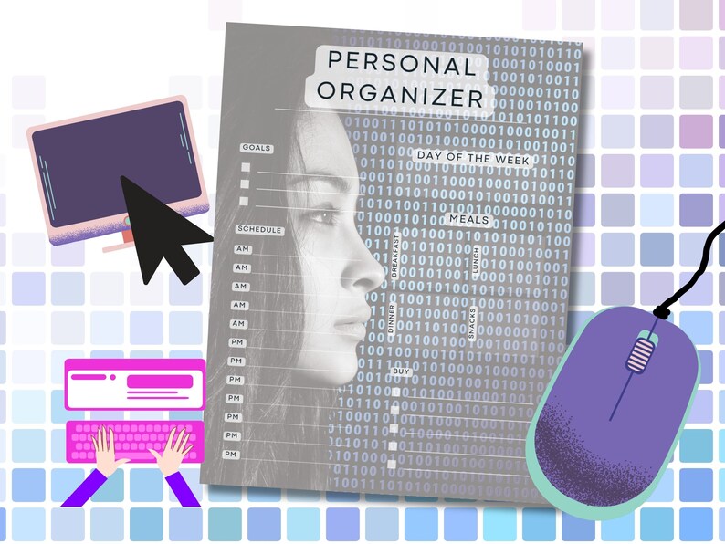 May include: A grey and white personal organiser with a digital pattern. The organiser has sections for goals, schedule, day of the week, and meals. The organiser is on a blue and white tiled background.