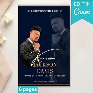 8.5&quot;x11&quot; BOOKLET Memorial program (6 pages) DARK BLUE Funeral Program Template  Editable Obituary template Celebration of Life Rest in peace