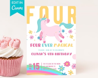 Invitación de cumpleaños de cuatro siempre mágicas, invitación de 4º cumpleaños de unicornio editable, plantilla de 4º cumpleaños de niña unicornio pastel Descarga digital