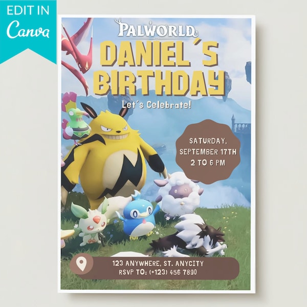 Palworld birthday invitation, Boy Gamer invitation, Printable birthday invitation, editable invite, video game party, boy birthday card