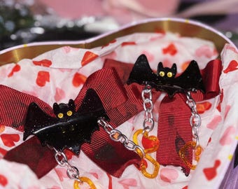 Bat Hair Clip Bows: Goth Kawaii Rhinestone Heart Chains (Pair)