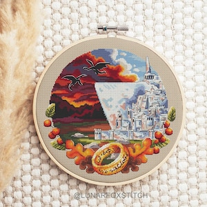 ファンタジーホワイトキャッスルクロスステッチパターン - エルフの魔法使い、ゴブリン、ドラゴンの刺繍（PDFダウンロード）