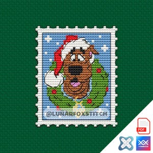Kerstdetectivehond minipostzegel kruissteekpatroon - fantasie magisch borduurwerk (pdf-download)