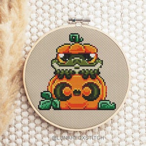Pompoenkikker kruissteekpatroon - Halloween spookachtig seizoen dierenbos schattig huisdier borduurwerk - pdf direct downloaden - klein