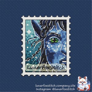 Moon nature girl postage stamp cross stitch pattern - tree forest blue character geek cute cartoon embroidery - PDF Instant download - Small