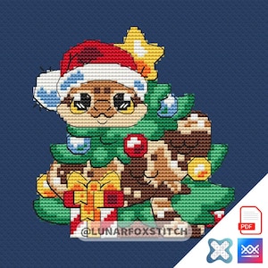 Korsstygnsmönster med julgransorm – Reptil-jultomten vinterbroderi (PDF-nedladdning)