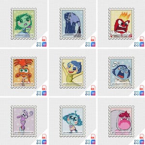 Emotions - set of 9 - postage stamp cross stitch pattern - cartoon child chibi rainbow geek fandom embroidery - PDF Instant download - Small