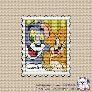 Padrão de ponto cruz de selo postal de gato e rato - casa de desenho animado retrô criança animal de estimação personagem geek bordado fofo - PDF Download instantâneo Pequeno