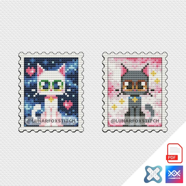 Black and White Cats Postage Stamp Cross Stitch Pattern -  Japan Embroidery (PDF Download)