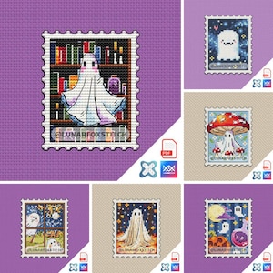 May include: A selection of cross-stitch patterns with ghost designs on postage stamp backgrounds. One design shows a ghost in front of a bookshelf. Other designs include a ghost under a mushroom, and ghosts in a night scene. The text "@LUNARFOXSTITCH" is visible.