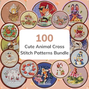 May include: A collection of 100 cute animal cross stitch patterns. The designs include various animals like foxes, bats, and penguins, each in a unique, colorful style. The patterns are displayed in circular frames with the text "@LUNARFOXSTITCH".