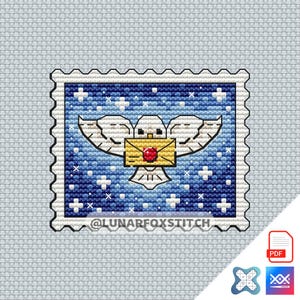 白いホッキョクフクロウの切手風クロスステッチパターン - 魔法使い・魔女・魔法の刺繍（PDFダウンロード）
