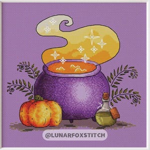 Witch's pot Halloween cross stitch pattern - wizard magic potion pumpkin embroidery (PDF Download)