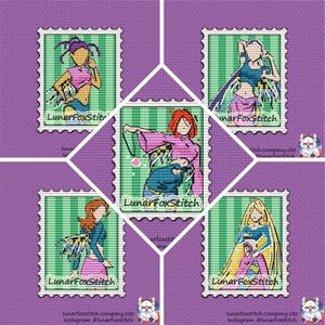 Witch - set of 5 - postage stamp cross stitch pattern - wizard fairy fire water earth geek fandom cute embroidery - PDF Instant download