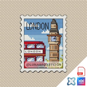 Wzór haftu krzyżykowego na znaczek pocztowy Londyn Anglia – Podróż, haft Big Ben (do pobrania w formacie PDF)