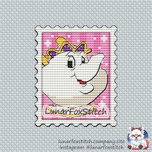 Teapot postage stamp cross stitch pattern - geek comics cartoon movie gift fantasy cute princess embroidery - PDF Instant download - Small