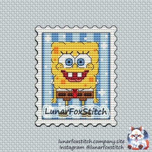 Yellow sponge postage stamp cross stitch pattern - geek comics cartoon movie gift fantasy cute embroidery - PDF Instant download - Small