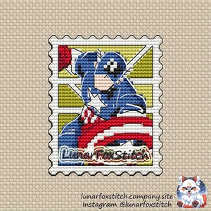 Captain postage stamp cross stitch pattern - geek comics villain hero retro boy gift cartoon embroidery - PDF Instant download - Small