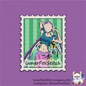 Air fairy postage stamp cross stitch pattern - girl magic comics cartoon movie gift fantasy cute embroidery - PDF Instant download - Small