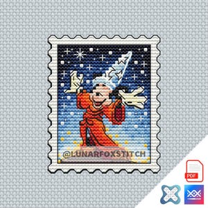 Wizard mouse postage stamp cross stitch pattern - geek cartoon magic castle fantasy star embroidery - PDF Instant download - Saga - Small