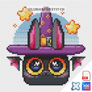 May include: Cross-stitch design of a black cat in a purple witch hat with pink details and bat wings. The cat has large orange eyes and is set against a blue backdrop with yellow stars. The text "@LUNARFOXSTITCH" is at the top.