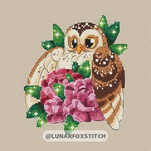 Owl in flowers cross stitch pattern - animal bird forest cute kawaii pink cartoon sparkle nature embroidery - PDF Instant download - Small