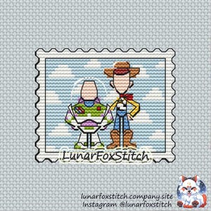 Patrón de punto de cruz de sello postal de amigos de juguete - dibujos animados mejores amigos niño niño geek fandom lindo bordado - PDF Descarga instantánea - Pequeño