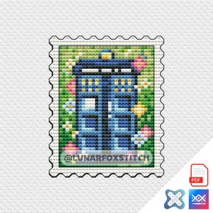 May include: A cross-stitch pattern shaped like a postage stamp featuring a blue police box surrounded by colorful flowers on a green background. The text @LUNARFOXSTITCH is printed in black at the bottom of the design, which is presented as a digital file.