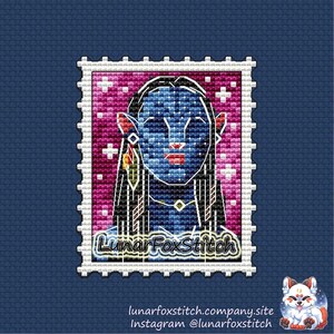 Moon girl postage stamp cross stitch pattern - nature tree forest blue character geek cute cartoon embroidery - PDF Instant download - Small