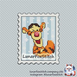 Tiger postage stamp cross stitch pattern - cartoon children book plush toy cat bear honey sweet embroidery - PDF Instant download - Small