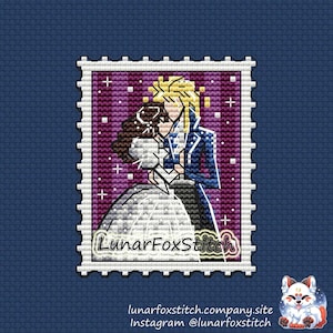 May include: A cross-stitch pattern shaped like a postage stamp featuring two figures in a dance pose against a purple background with white sparkles. The text LunarFoxStitch is printed in the lower portion of the stamp design in a script font.