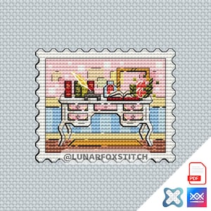 Dressing table postage stamp cross stitch pattern - girl princess embroidery (PDF Download)