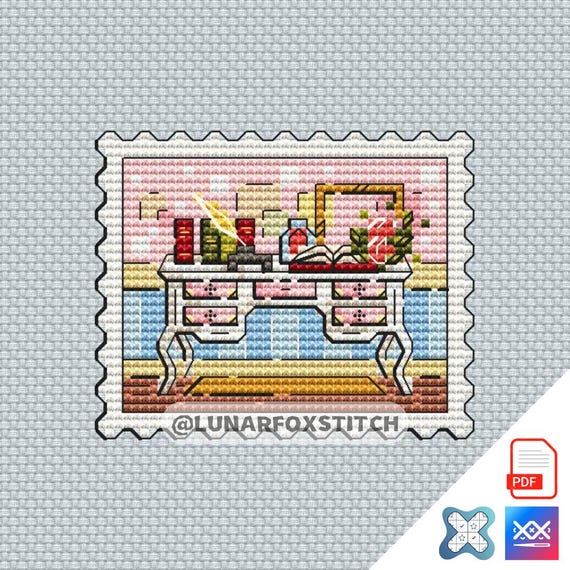 Dressing table postage stamp cross stitch pattern - girl princess embroidery (PDF Download) Dressing table postage stamp cross stitch pattern - girl princess embroidery (PDF Download)