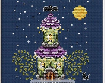 Witch house cross stitch pattern - Halloween  wizard witch black cat embroidery (PDF Download)