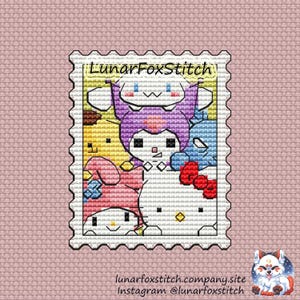 Cute friends postage stamp cross stitch pattern - anime cat dog rabbit japan character geek cute embroidery - PDF Instant download - Small