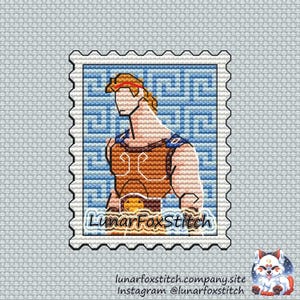Hercules postage stamp cross stitch pattern - greece hades mythology cartoon hero geek fandom cute embroidery - PDF Instant download - Small